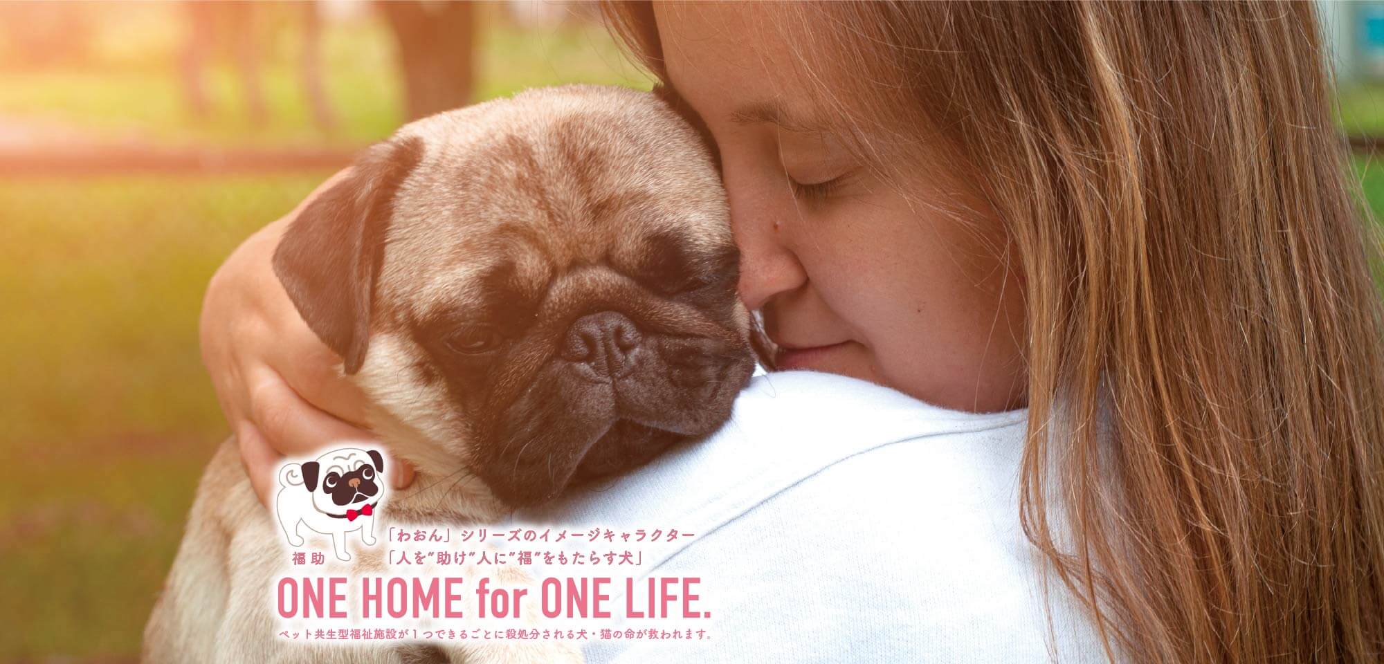 「わおん」シリーズのイメージキャラクター「人を”助け”人に”福”をもたらす犬」福助 ペット共生型福祉施設が1つできるごとに殺処分される犬・猫の命が救われます。